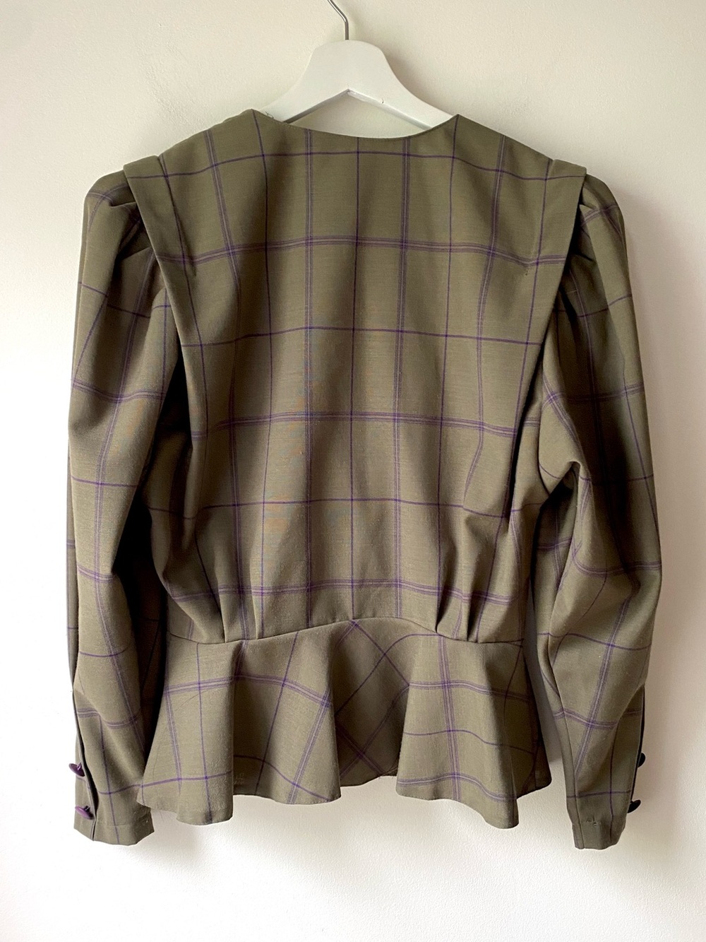 Wool blend Moss green with purple check peplum blazer - Picture 13 of 16